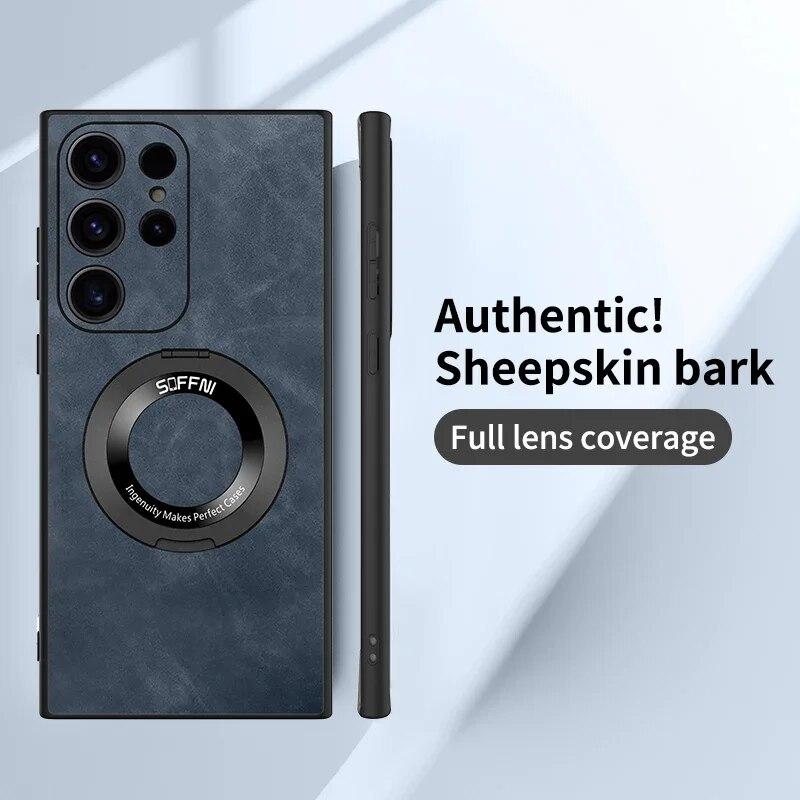 For Samsung Galaxy S23 S22 S21 Ultra Magsafe Case Wireless Charging Ring Holder Plain Leather Matte Magnetic Shockproof Cover