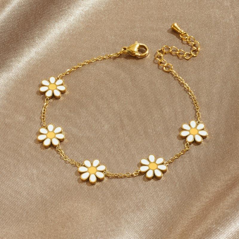 Gold Daisy Flower Enamel Bracelet For Women Dainty Jewelry
