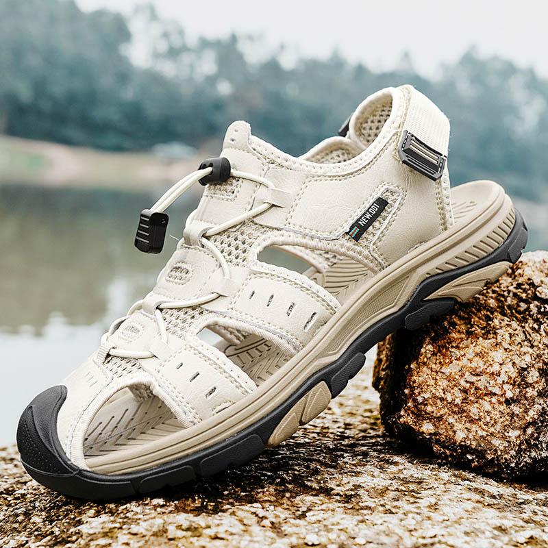 Vintage Style Men Summer Shoes Genuine Leather Men's Sandals Outdoor Male Beach Shoes Anti-collision Toe Man Sandals Roma Flats