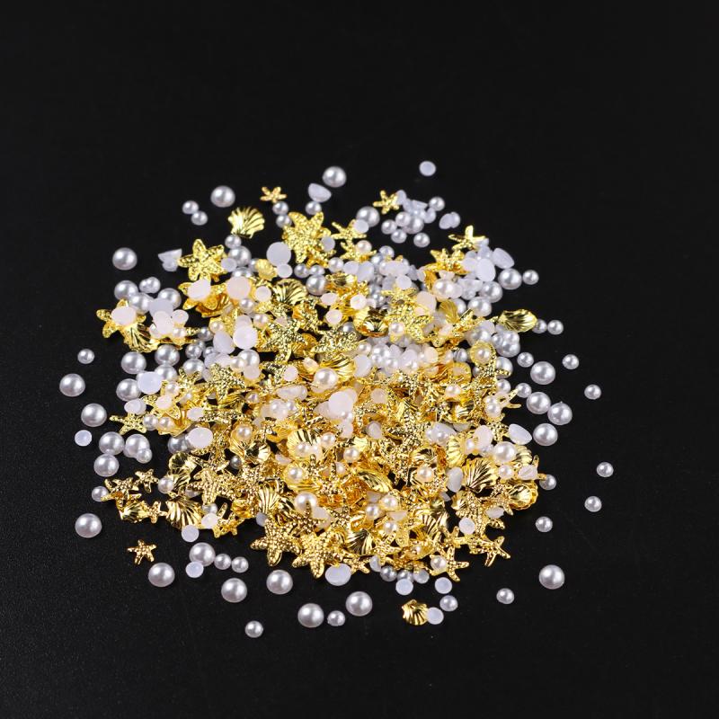1 Bag Mixed Gold Ocean Style Nail Art Charms 3D Shell Starfish Pearl Metal Nail Jewelry Diy Nail Charm Decoration