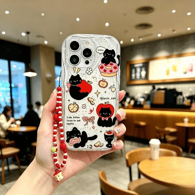 Cute Cat With Apple Fruit Chain Case For Google PIXEL 7 8 9 10 Pro XL 7A 8A Soft Silicone Wave Side Cartoon Cover