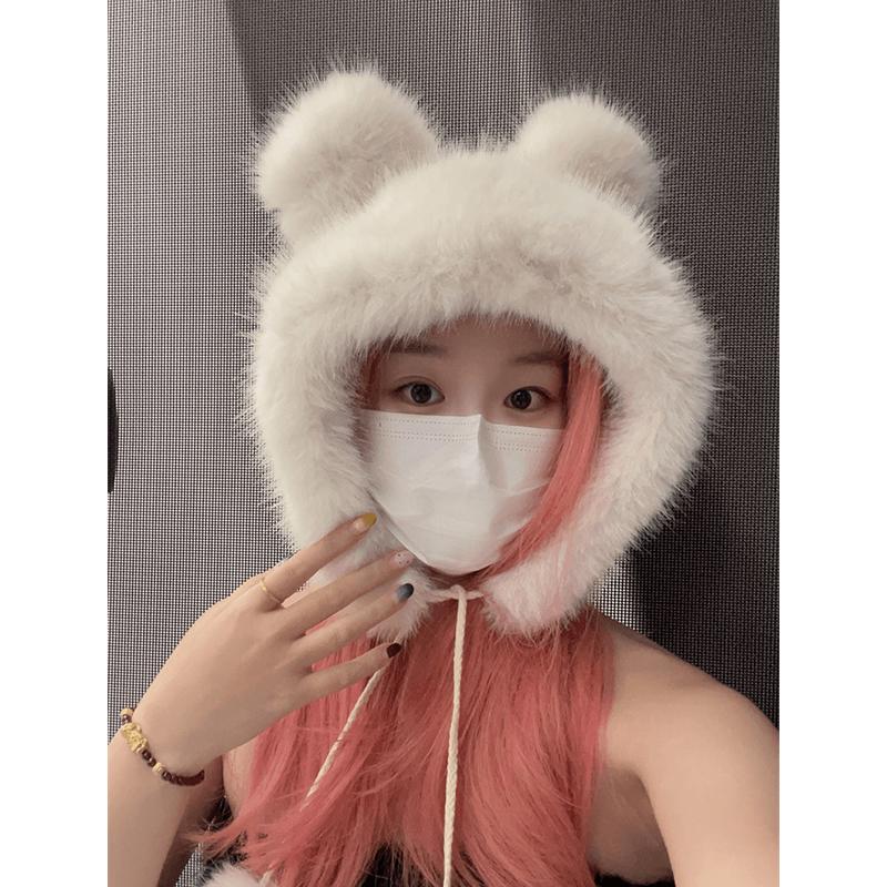 Winter Warme Frauen Flauschigen Gehörschutz Hut Bär Ohren Pom-pom Strap Warme Nachahmung Nerz Haar Süße