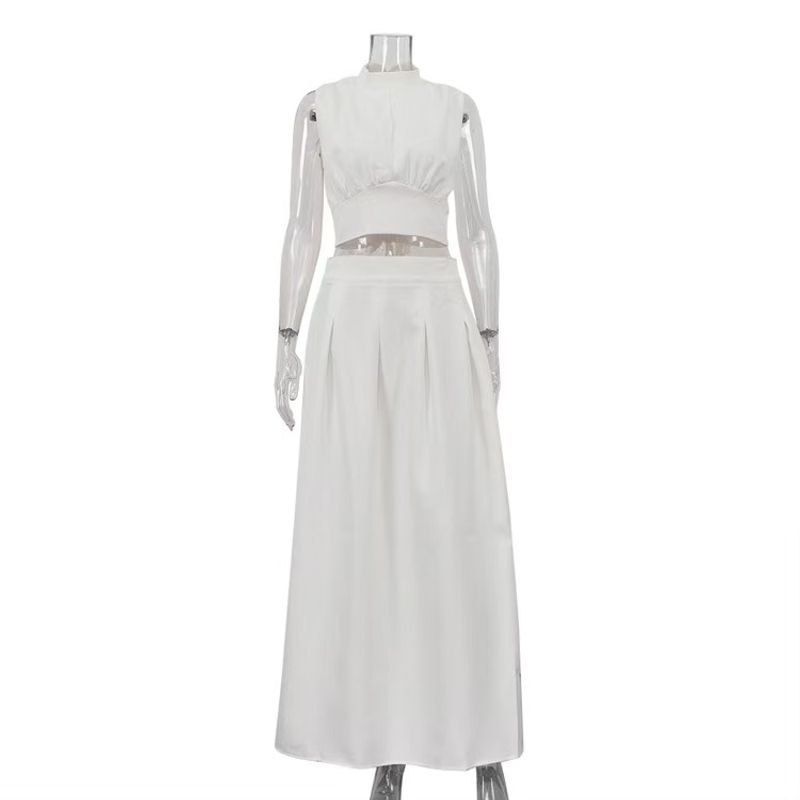 

Fashion Style Fashion Temperament High Waist Skirt Shoelace Vest Two-Piece Set Tank Top and Skirt Set White S