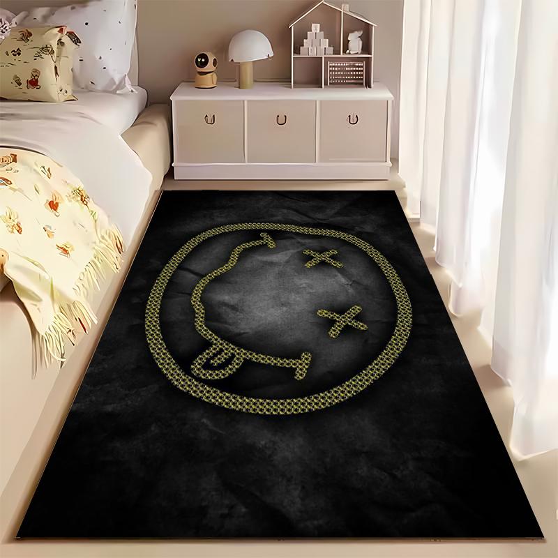 Gold Stitched Smiley Face On Black Background Rug Non-slip Rug Suitable for Living Room and Bedroom Sofas