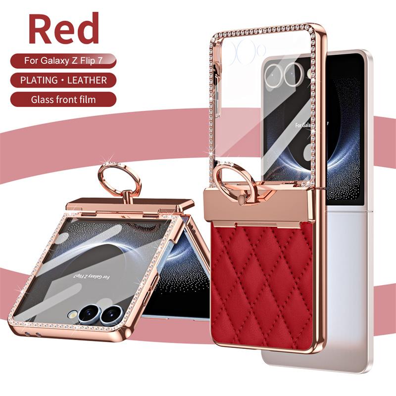For Samsung Galaxy Z Flip7 5G PU Leather Plating Glitter Bling Diamond Ring Hinge Phone Case Screen Protect Film ShockproofCover