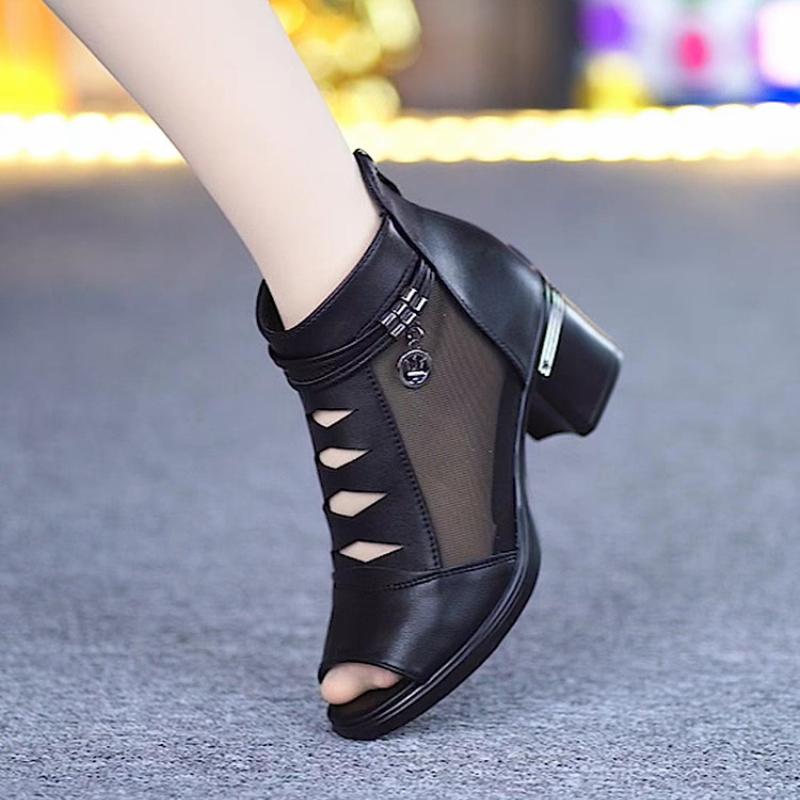 2025 New Women's Shoes Mesh Female Boots Fashion Thick Heels Mom Shoes Breathable Fish Mouth Shoes Back Zip Women Ankle Boots