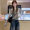 Grey Long-sleeved T-shirt Women's Autumn Korean Chic Chic Shirt, Huge Good-looking Design Halter Top
