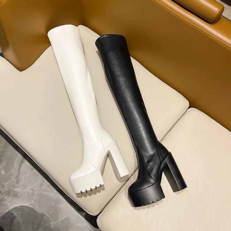 Fashion New Sexy Over The Knee Boots Round Toe 14cm Chunky High Heel Women's Shoes Long Boots Black Platform Round Toe Thigh High Botas