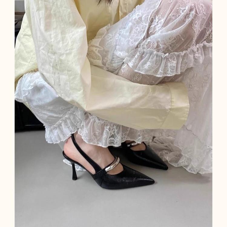 Stiletto High Heels Pointed Toe Bag Head Sandals Women's 2025 Spring and Summer New Metal Elastic Band Rear Empty Beautiful Single Shoes Women