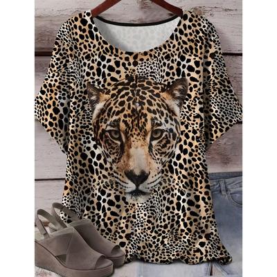 XL-7XL Plus Size Women's Men Leopard Casual 3D Print Loose V Neck Short Sleeved T-shirt Top