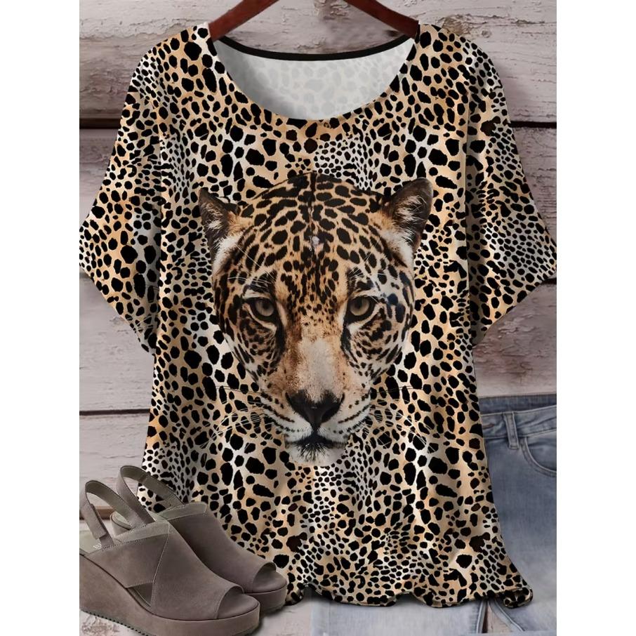 XL-7XL Plus Size Women's Men Leopard Casual 3D Print Loose V Neck Short Sleeved T-shirt Top