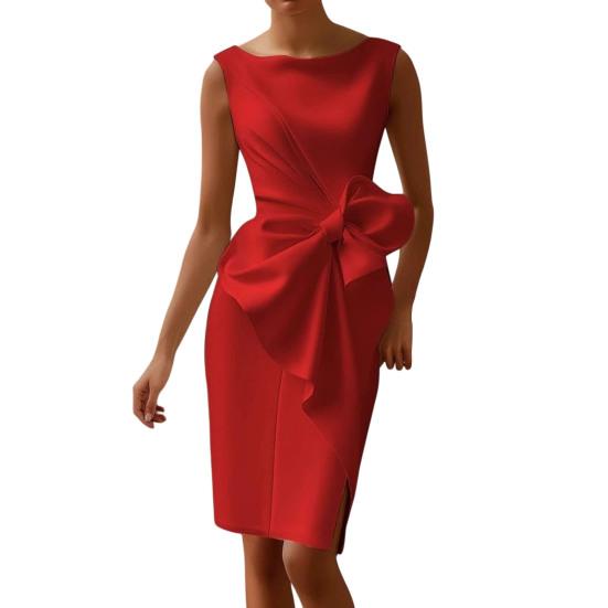 Women Sleeveless Bodycon Dress Ruched Bow Tie Side Slit Midi Dress Lady Formal Cocktail Party Work Dress