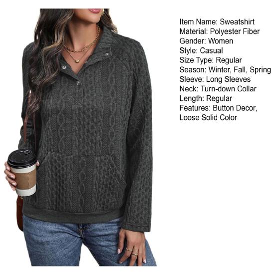 Fall Winter Sweatshirt Twisted Texture Turn-down Collar Pleathed Pocket Long Sleeves Loose Thick Pure Color Elastic Cuff Daily Wear Casual Top