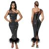 Mode Damen Kleid Eine Schulter Mesh Diamant Feder Bandage Kleider