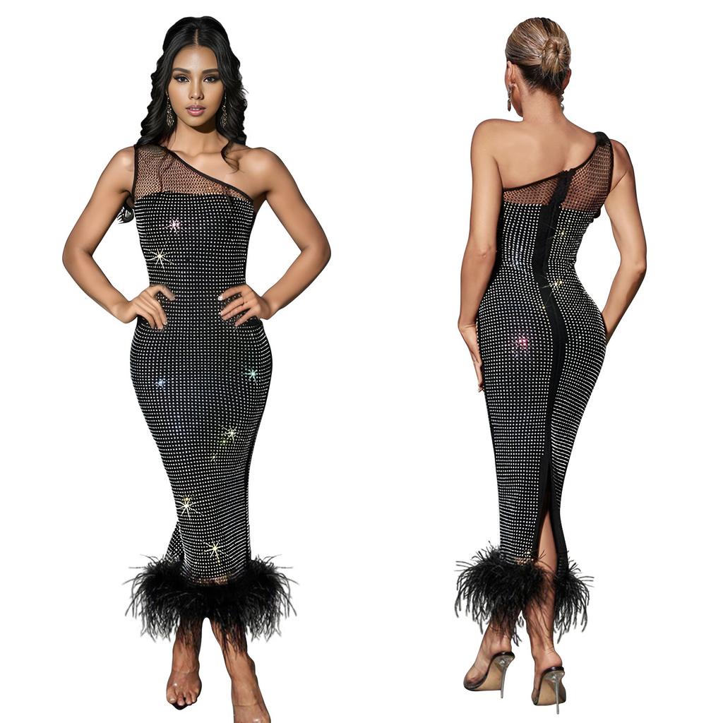 Mode Damen Kleid Eine Schulter Mesh Diamant Feder Bandage Kleider