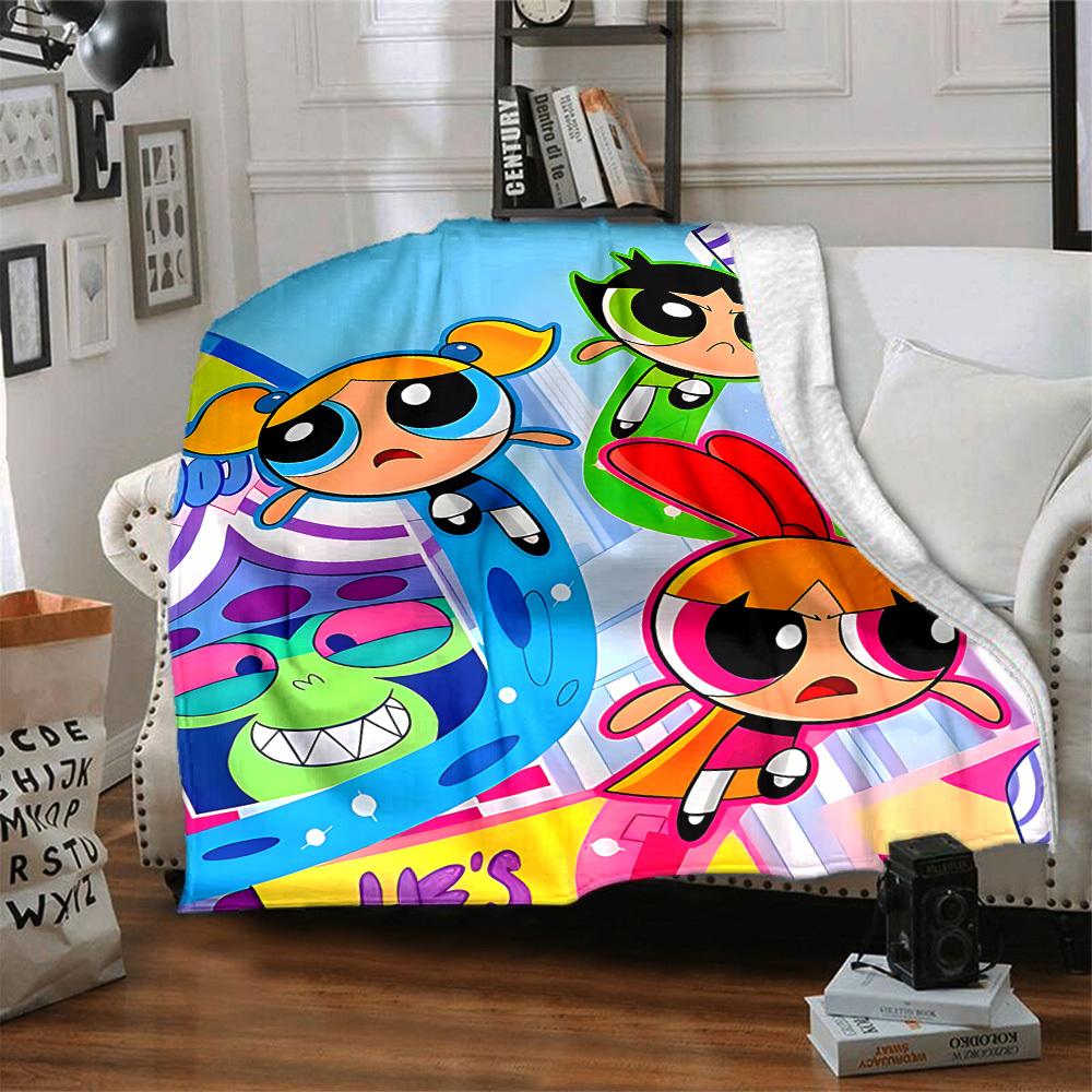 1pc Powerpuff Girls Flannel Throw Blanket - HD Printed Lightweight Soft Warm All-Season Blanket for Sofa, Bed, Travel, Camping - Machine Washable010