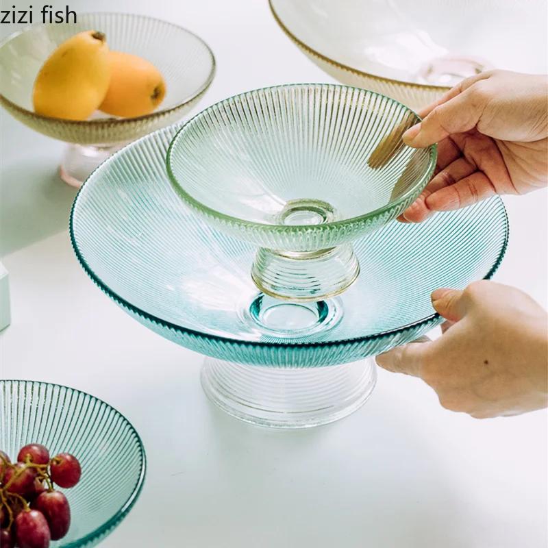 Transparent Glass Fruit Plate Round Shape Tall Feet Glass Bowl Fruit Salad Bowl Snack Tray Dish Dessert Plate Decorative Plates