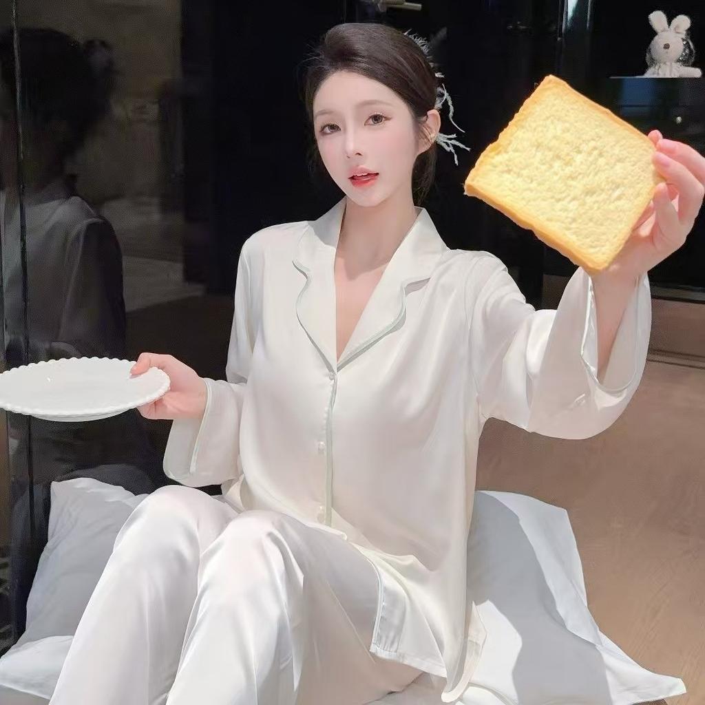 High-end Ice Silk Pajamas Women's Summer New Long-sleeved Trousers Doll Collar Set Korean Version of Ice and Snow Silk Women's Loungewear