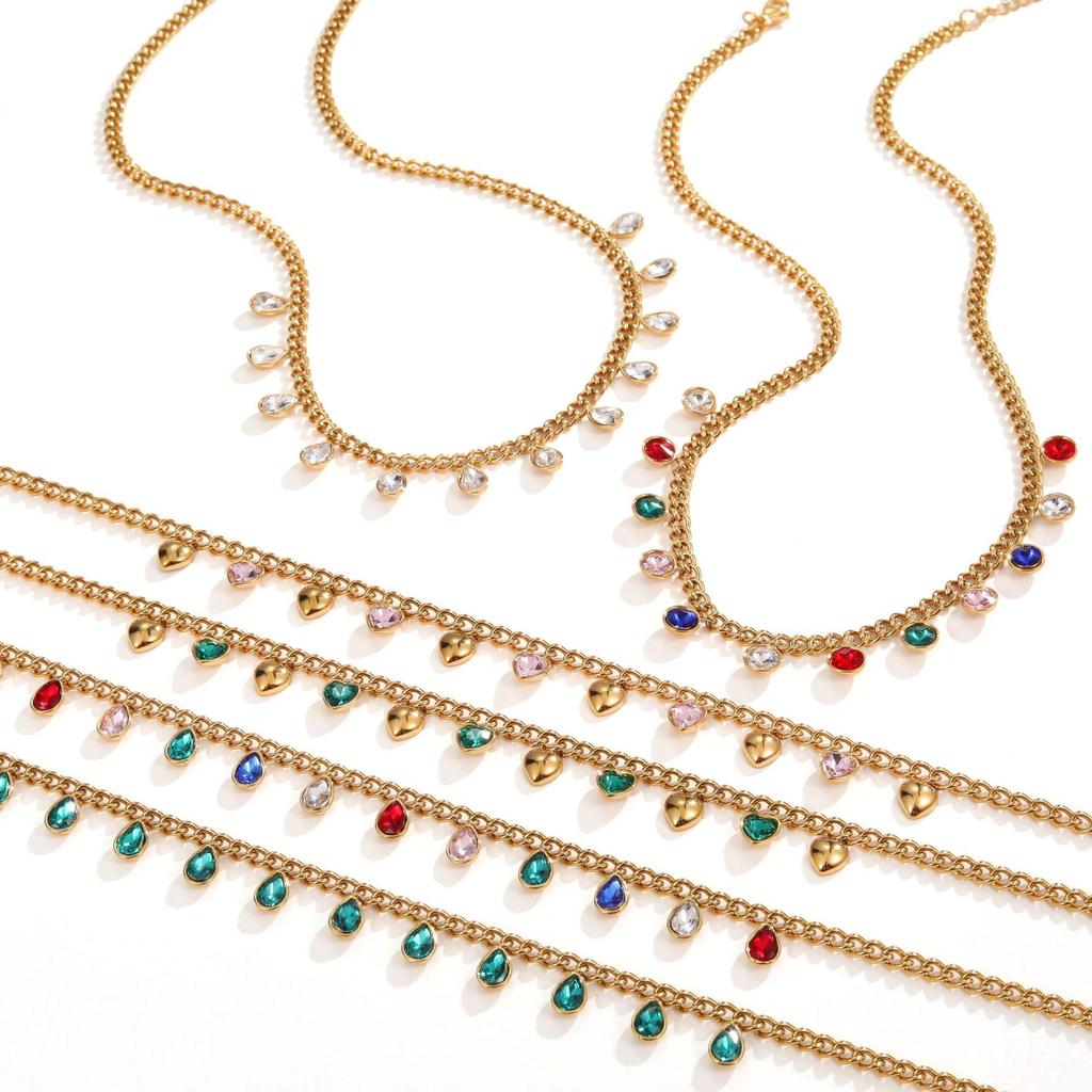 18K Gold Plated Colorful Heart Rhinestone Necklace - European & American Trend, Stainless Steel, Women's Light Luxury Fashion Accessory.
