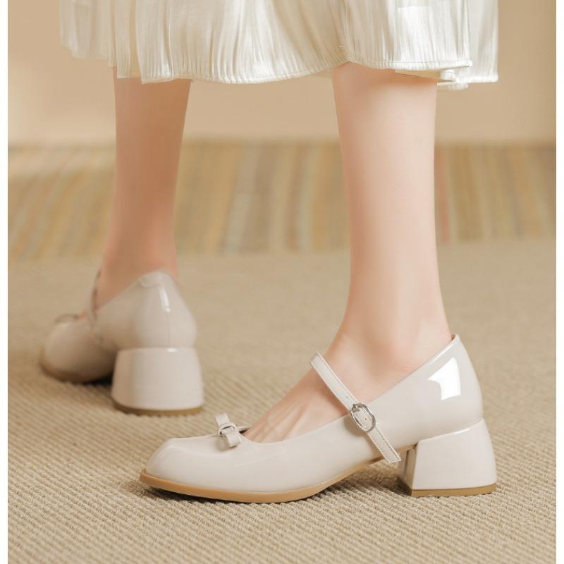 Spring Thick Heel Women Mary Jane Shoes Shallow Ladies Casual Butterfly-knot Shoes Eelgant Dress Leather Shoes