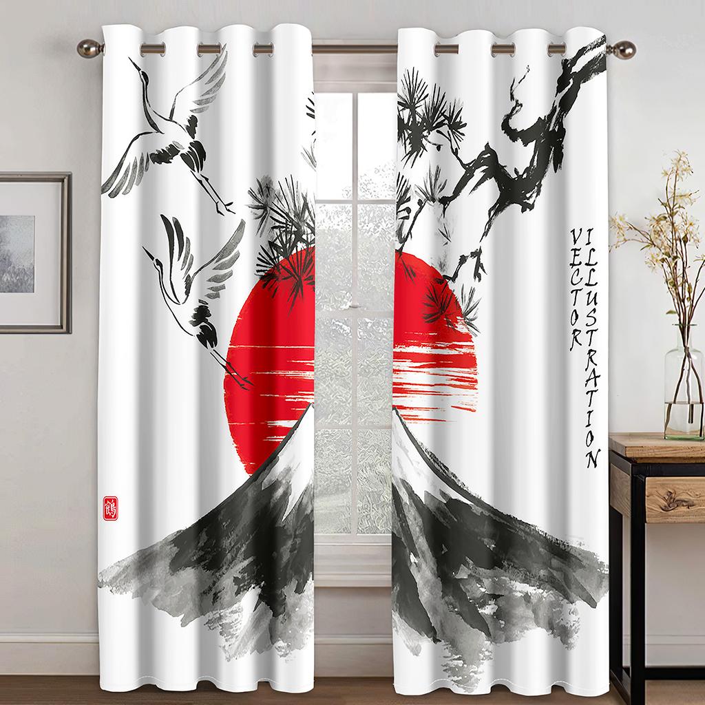2pcs Japaness Flower Sun Bushido Landscape Kid Curtains Window Treatment for Bedroom Office Kitchen Living Room Study Home Decor