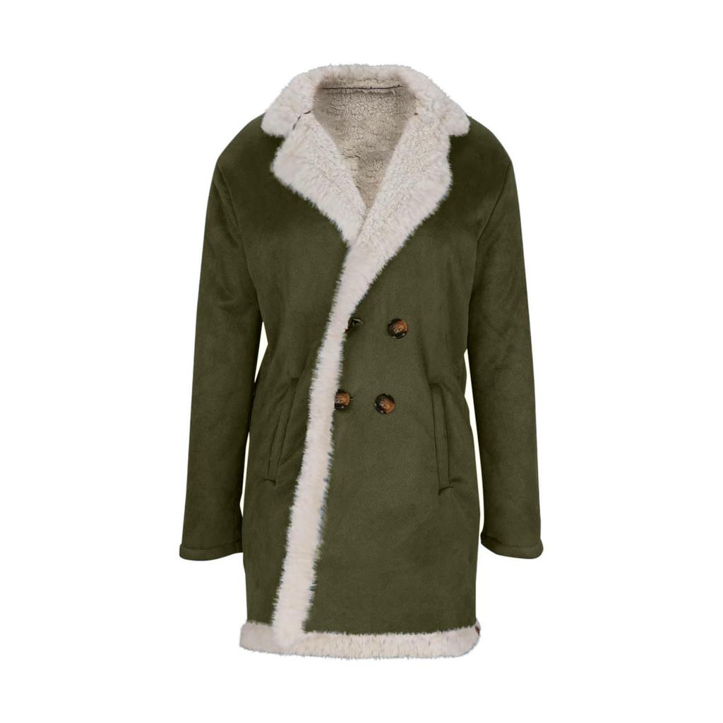 Damski Elegancki i Stylowy Długi Płaszcz Zimowy Dwurzędowy z Kołnierzem i Dwurzędowym Zapięciem z Ciepłego Aksamitu Zamszowego