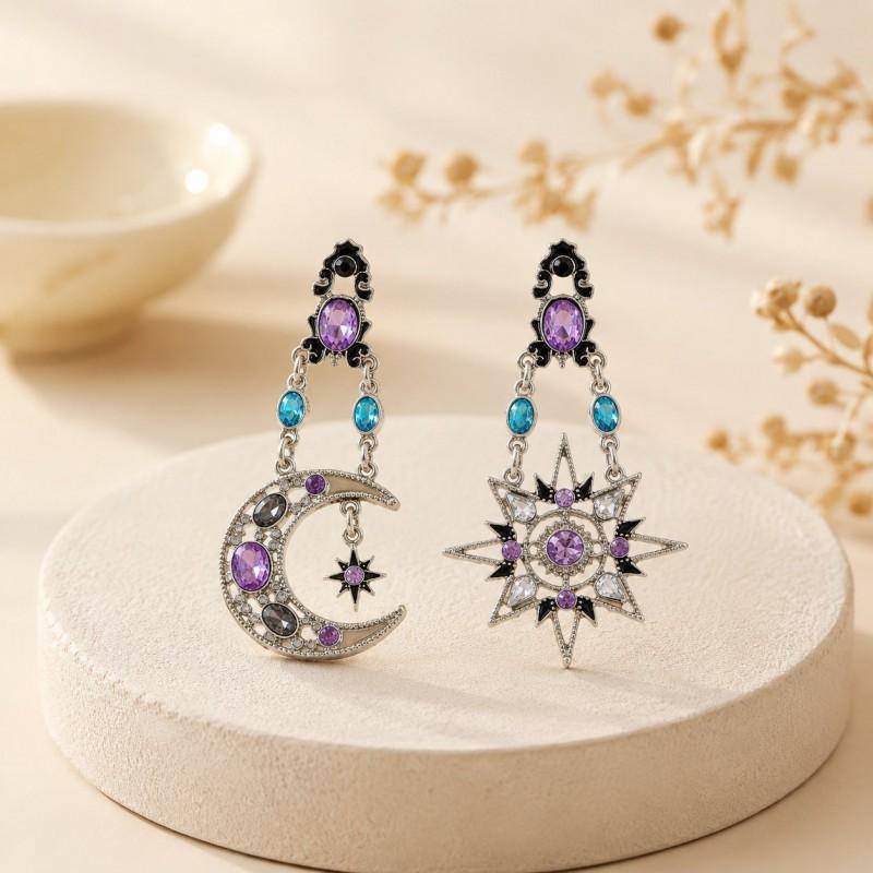 Baroque Sun Moon Asymmetrical Earrings Long Dangle Statement Jewelry Women