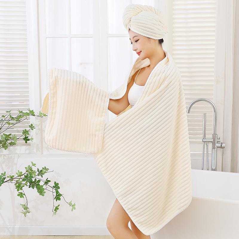 Candy Stripe Coral Fleece Bath Towel for Women - Thick, Absorbent, Quick-Dry Hair Cap