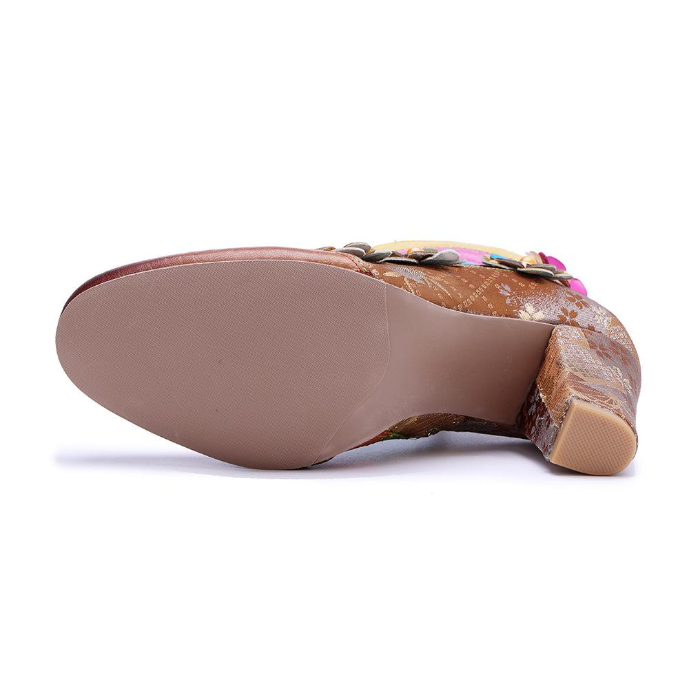 Johnature Genuine Leather Printed Short Boots Fashion Mixed Colors Flower Side Zipper Women's High Heels