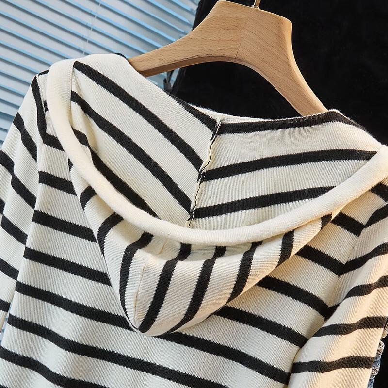 Women's Slim Fit Faux Two-Piece Striped Hooded Knit Top