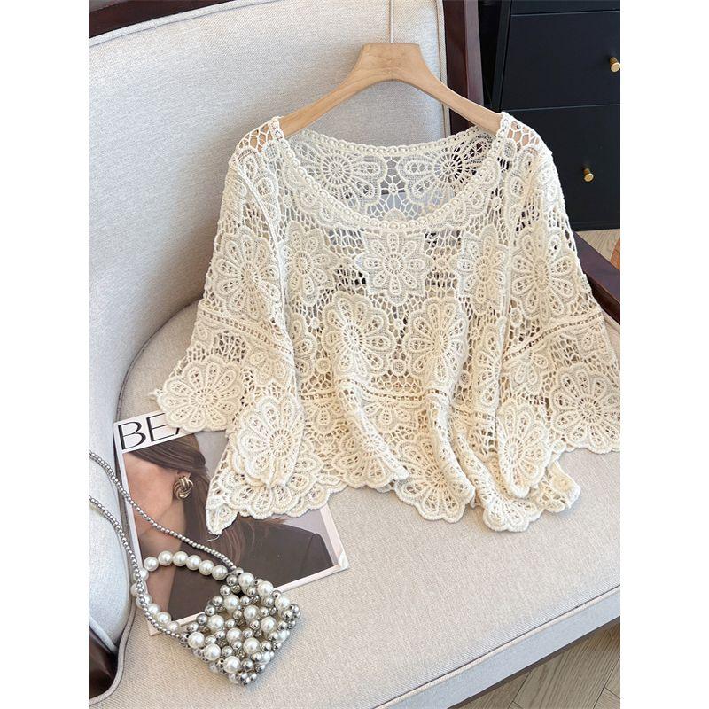 Plus Size Women's Clothing Chubby Girl French Crocheted Cut Out Lace Shirt round Neck Knitwear Casual 3/4 Sleeve Blouse Sun Protection Clothing