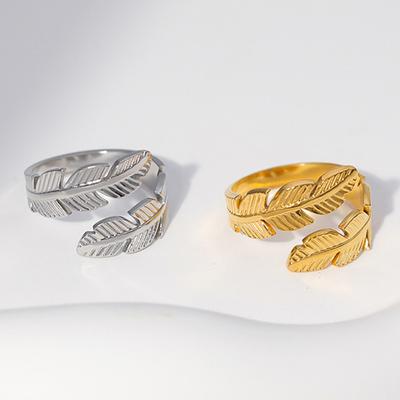 Finger Ring Feather Shape Open Adjustable Fit Women Ring Stainless Steel