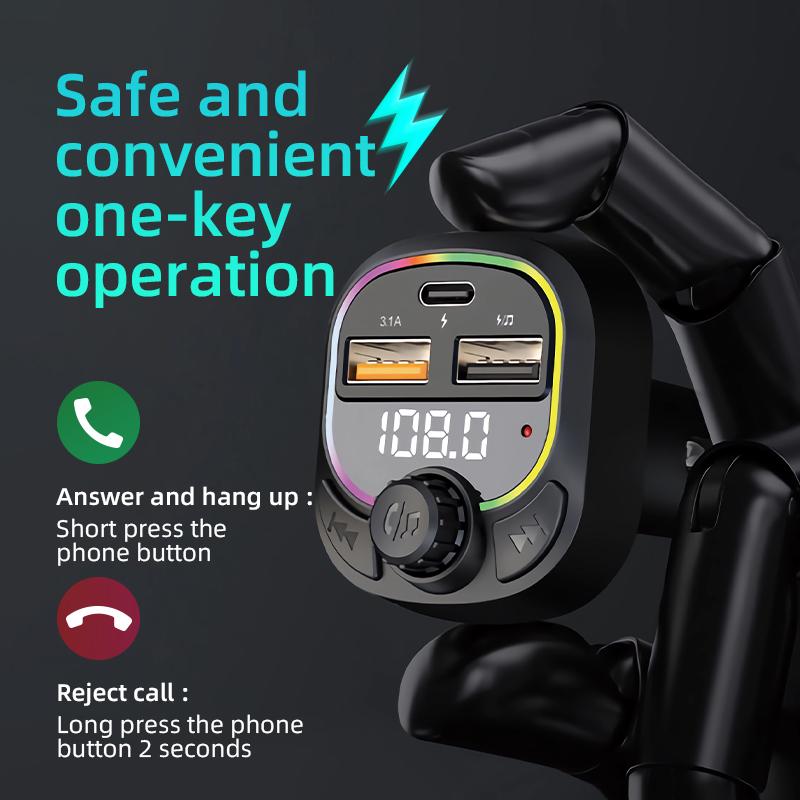 C6 Digital Display FM Car Bluetooth-compatible Transmitter Type-C+2 USB Fast Charger Audio MP3 Player