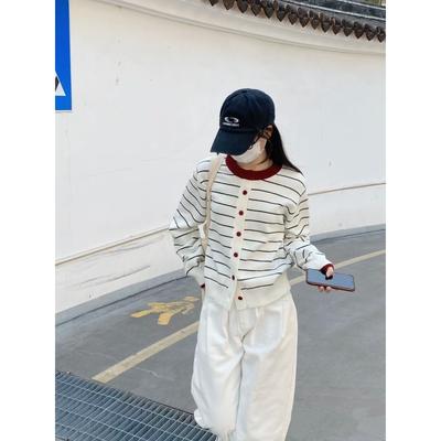 College Style Contrasting Color Striped Knitted Cardigan Women's Spring and Autumn New Single-breasted Loose Top Jacket