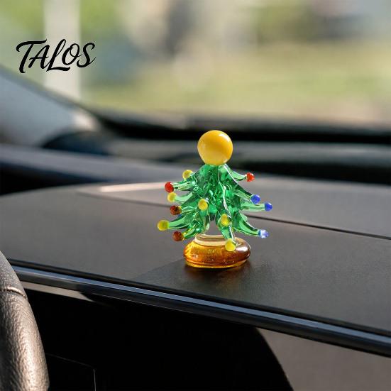 Rotating Interactive Christmas Decor Glass Tree Figurine with Ceramic Base, Handmade Glazed Miniature Holiday Table Centerpiece Ornament for