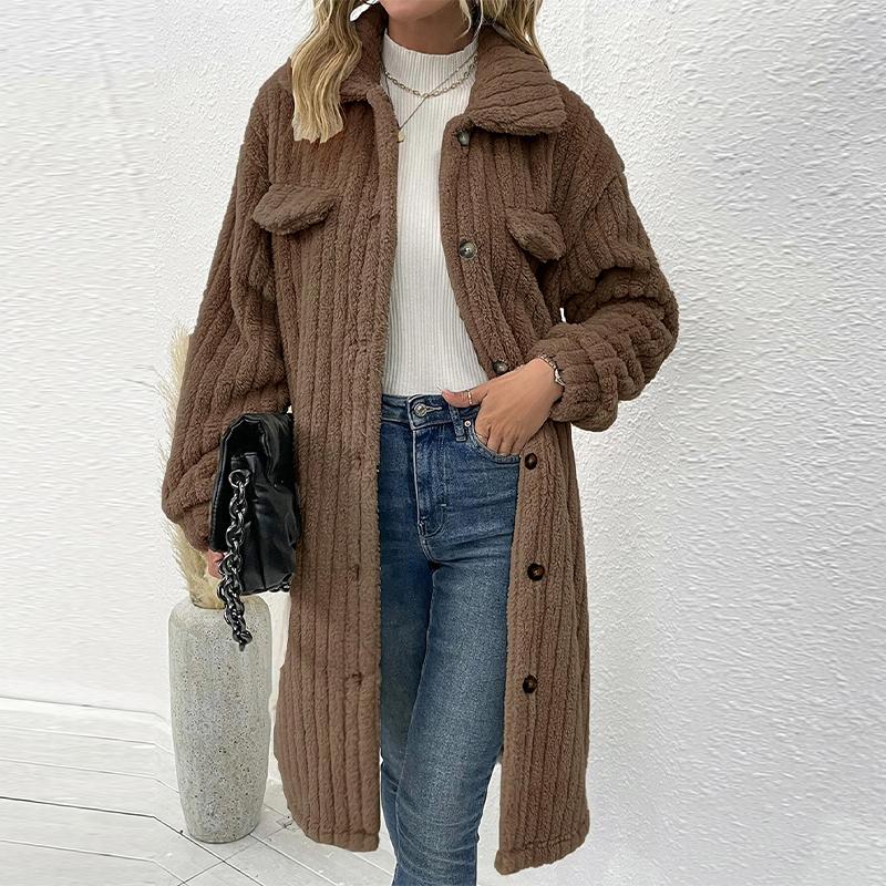 

Женская мода темперамент шерстяное пальто осень-зима с отворотом двубортный плюшевый длинный жакет 4XL кофейный