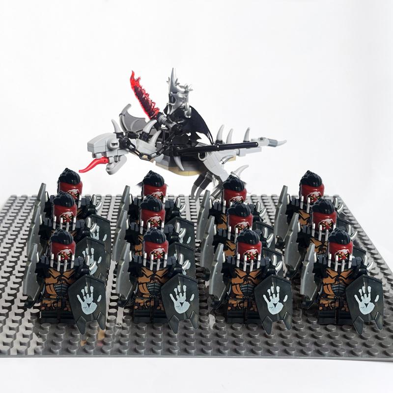 14pcs MOC Medieval Dwarf Warrior Elves Knights LotR Uruk-hai Orc Rohan Soldier with Witch King Leader Figure Building Block Toys