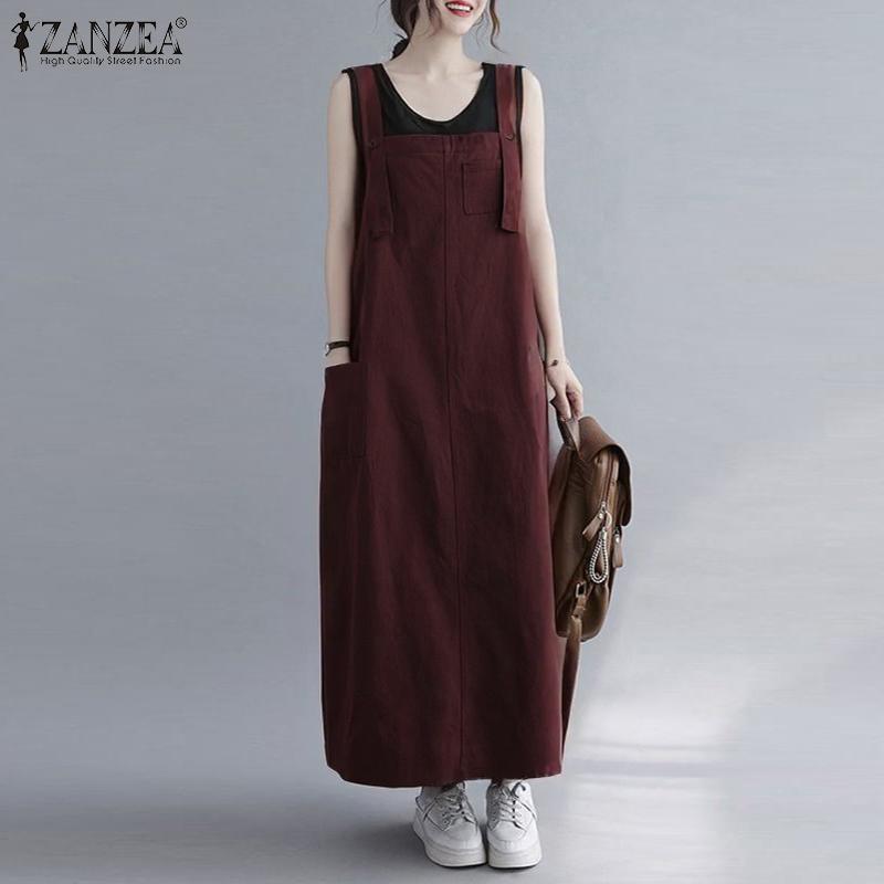 ZANZEA Womens Casual Square Collar Pocket Slit Sleeveless One-Piece Dresses
