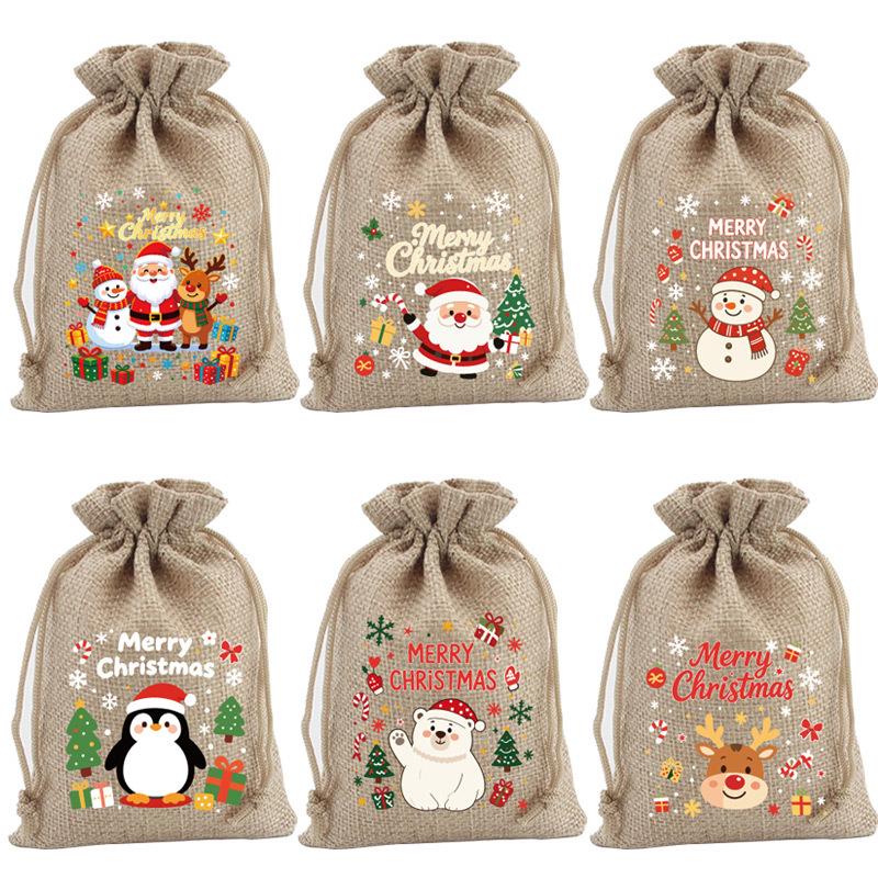 Jute-Style Christmas Gift Bag with Drawstring Closure - Small Candy & Apple Storage