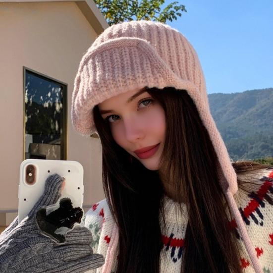 Women Knitting Hat Lace-up Solid Color Ear Protection Winter Elastic Hat Cold Weather Windproof Lei Feng Hat