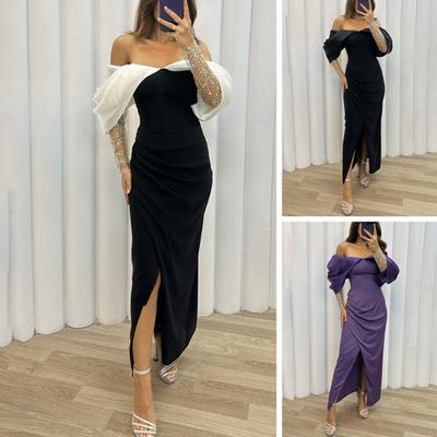 2024 Women Evening Dress Off Shoulder Low-cut Tight Waist Split Hem Mesh Sleeve Color Matching Ankle Length Prom Cocktail Party Wedding Maxi Dress