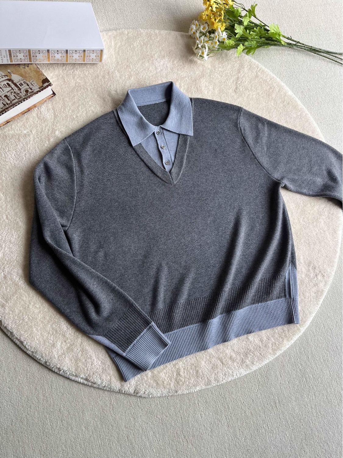 

Unisex Gray Old Money Style Knit Polo Neck T-shirt - Two-Piece Long Sleeve, Heavyweight True Shoulder Design L сірий колір