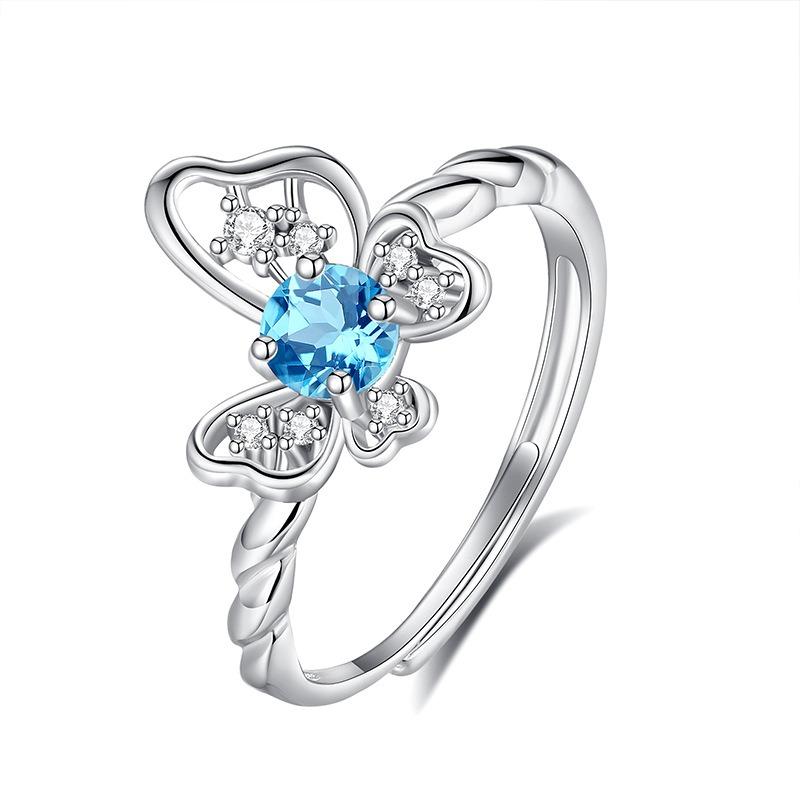 Classic S925 Sterling Silver Ring, Oval Natural Crystal & CZ Adjustable Band for Ladies