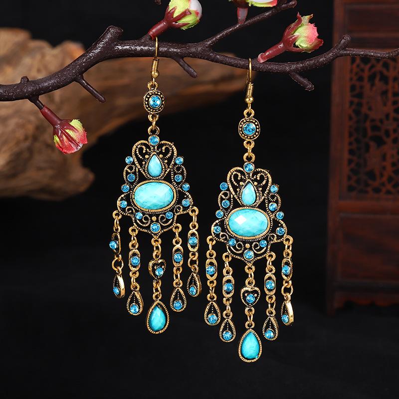 

Creative Ethnic Long Antique Gold Color Earrings Vintage Boho Acrylic Rhinestone Geometric Hollow Drop Earrings Women Jewelry озеро синий