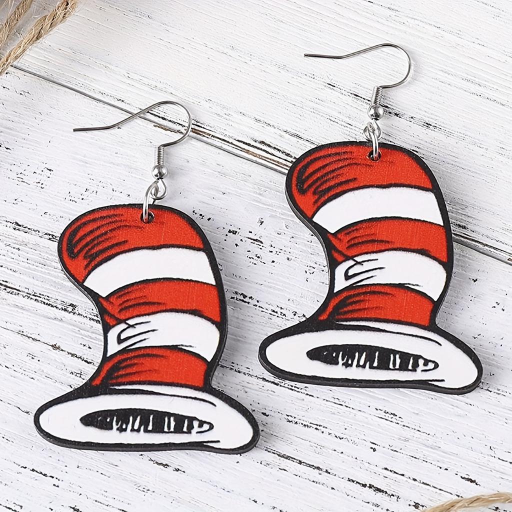 Cartoon cute wooden red and white splicing hat earrings retro simple ladies pie vacation gift
