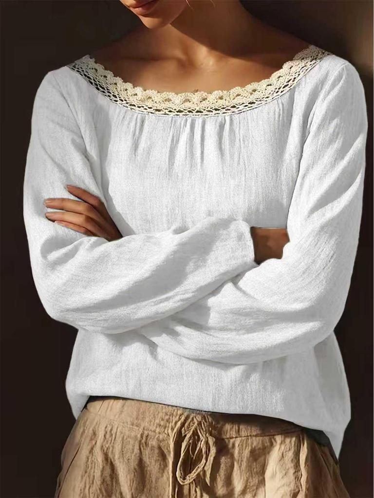 2026 European American Spring-Summer Solid Color Round Neck Lace Long Sleeve Women's Shirt