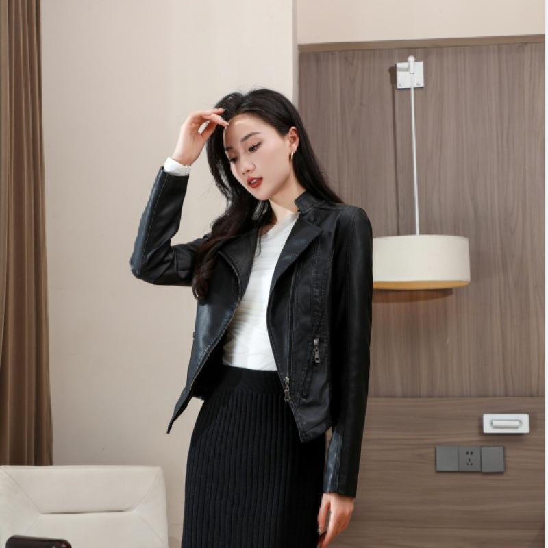 

Весенняя новая женская куртка с воротником-стойкой, короткая, из искусственной кожи, мотоциклетная куртка, женская кожаная куртка 4XL