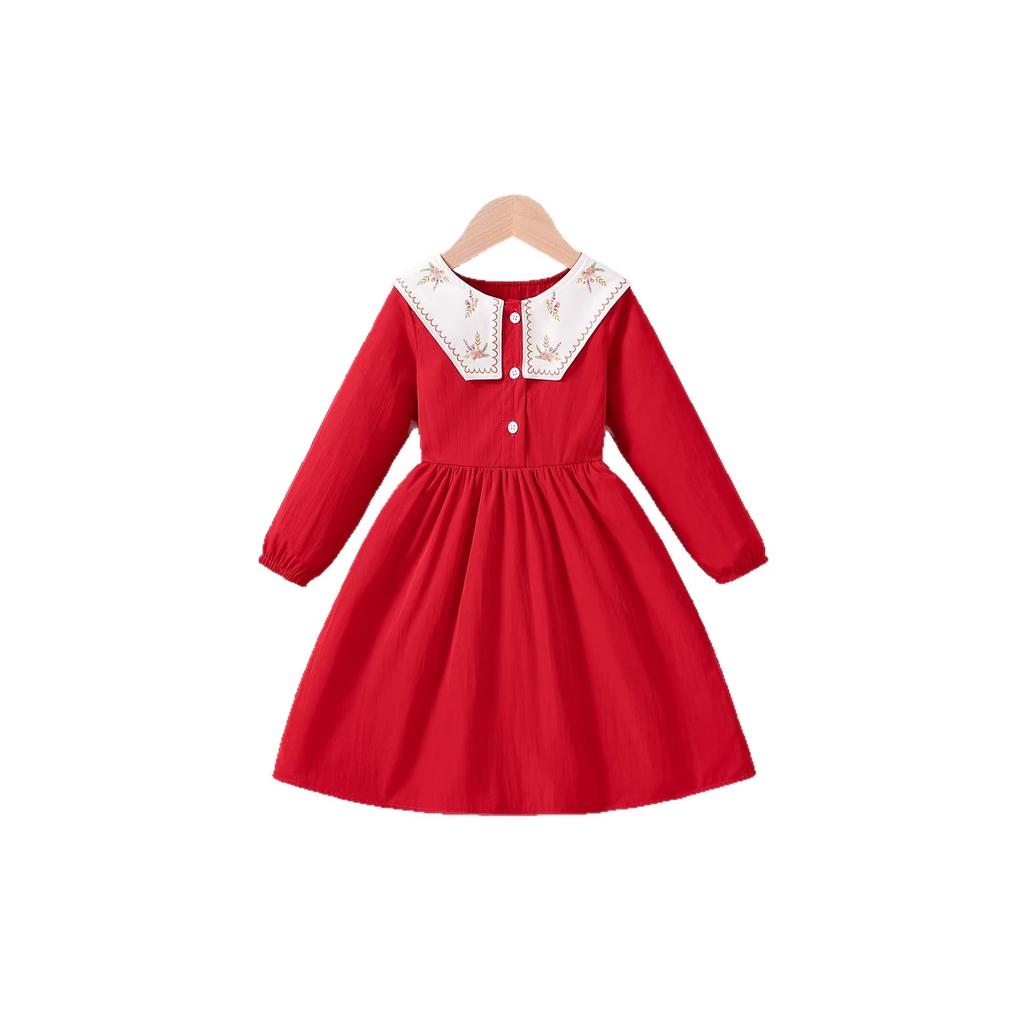 Elegant Red Dress for Girls Spring/Fall Children's Fashion Long-Sleeve Princess Dress