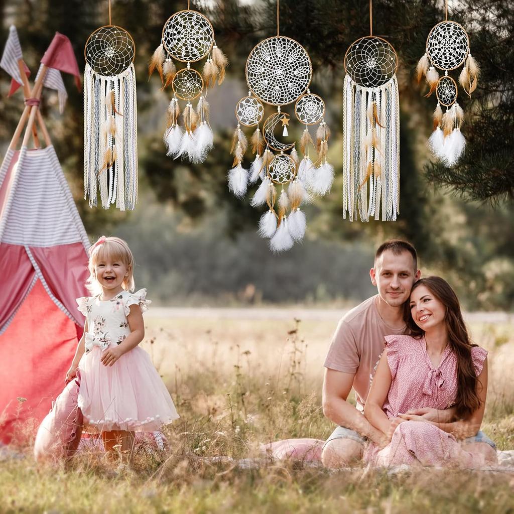 LOMOHOO 5 Pack Dream Catcher Moon and Sun Design Boho Wall Hanging Decor Handmade Traditional Feathers Dream Catchers for Kids Bedroom Living Home
