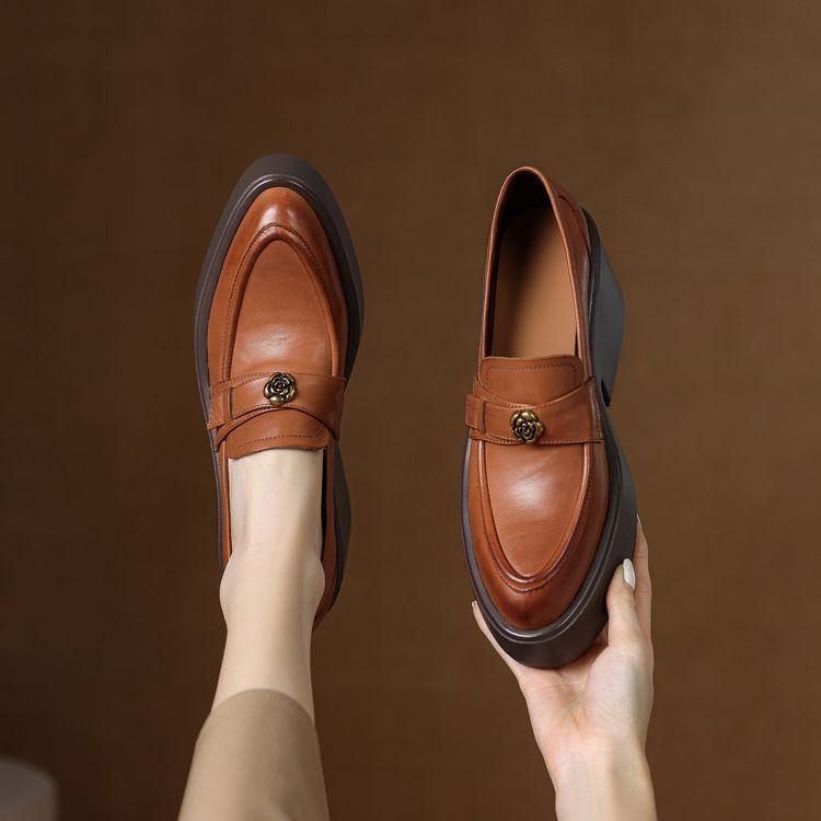High-heeled leather platform loafers women's 2025 spring and autumn new pointed camellia slope heel cowhide single shoes waterproof table